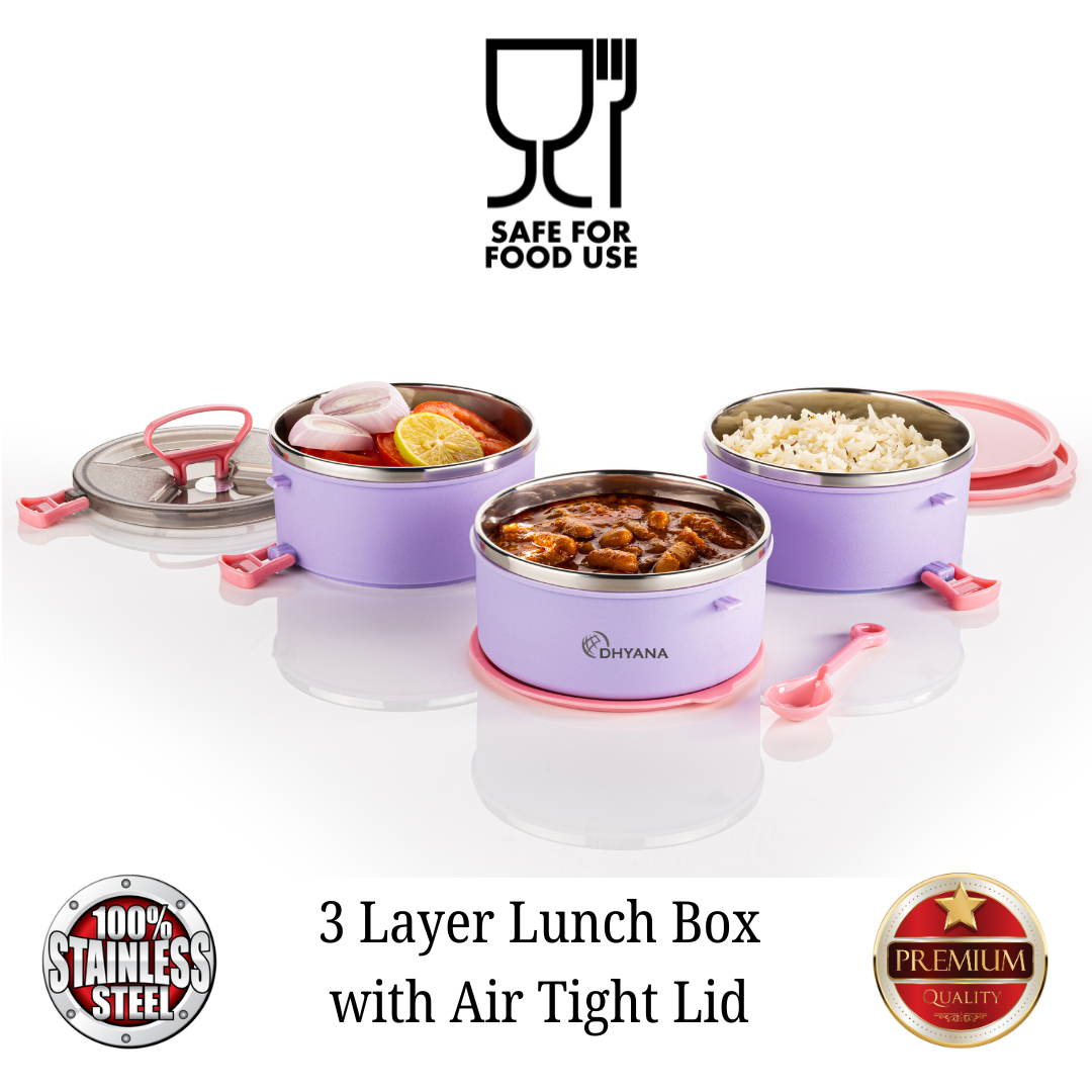 Buy 1 Get 1 Free Big Bite 3 Layer SS Lunch Box | Leakproof Tiffin for Office, Kids & Travel | 300ml each Bowl