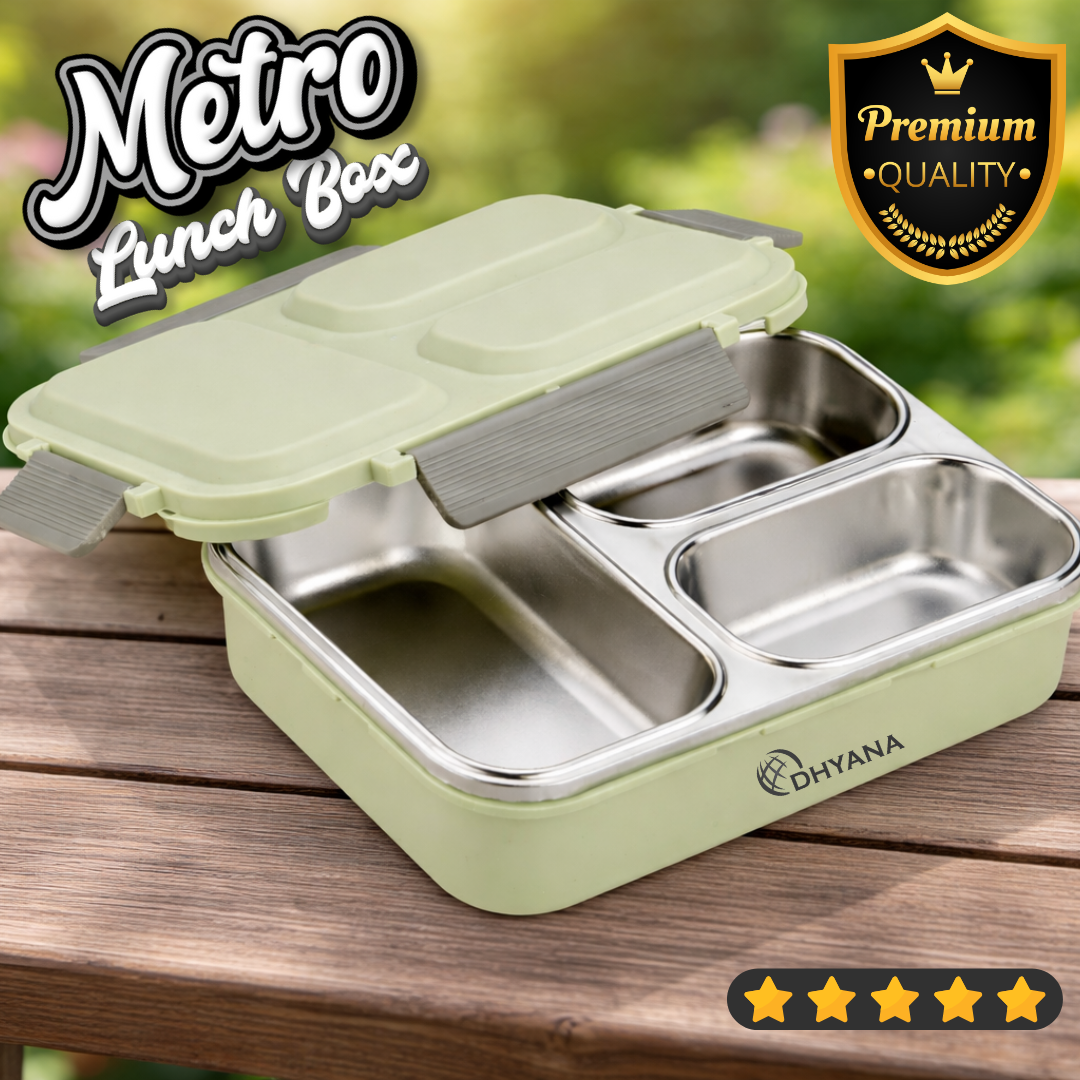Dhyana Metro Lunchbox | Premium Steel 3 Compartment Tiffin Box | Leak Proof & Thermal Insulated