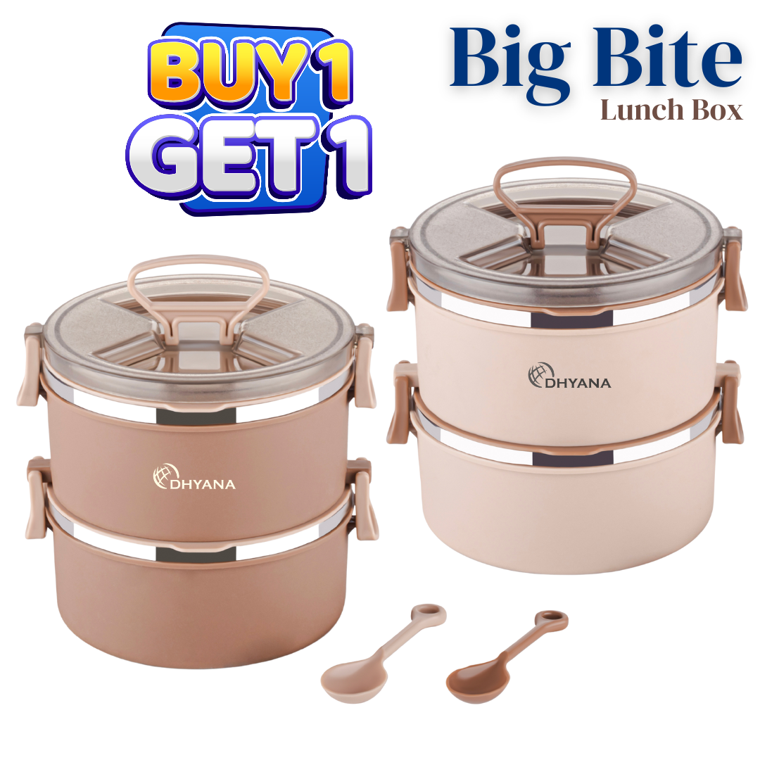 Buy 1 Get 1 Free Big Bite 2 Layer SS Lunch Box | Leakproof Tiffin for Office, Kids & Travel | 300ml each Bowl