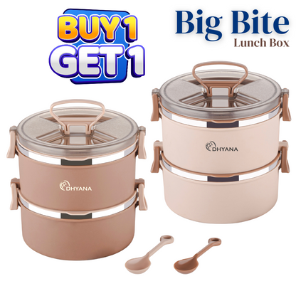 Buy 1 Get 1 Free Big Bite 2 Layer SS Lunch Box | Leakproof Tiffin for Office, Kids & Travel | 300ml each Bowl