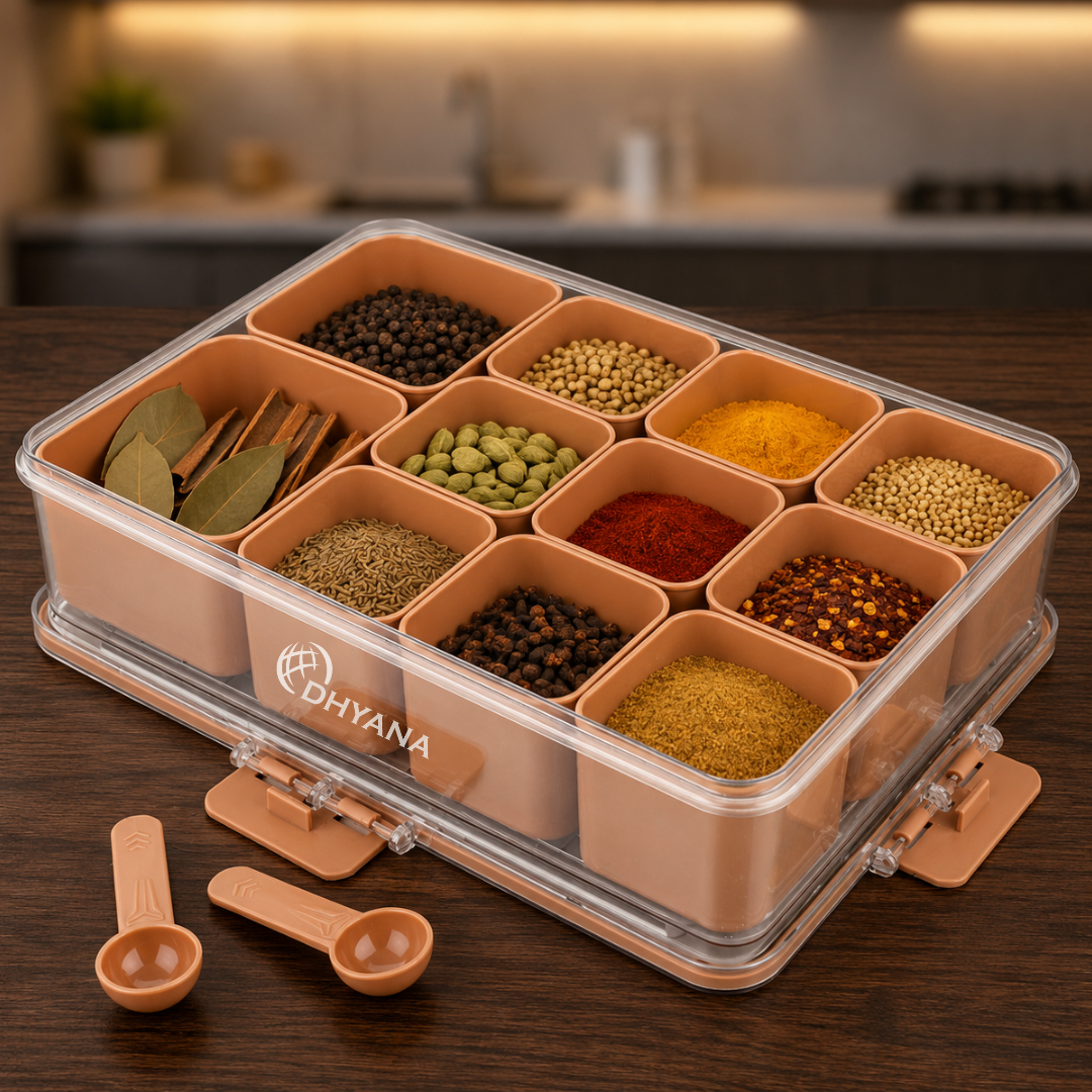 Badshah Premium 11 Compartments Masala Box | BPA Free Kitchen Spice Storage Box with Lock Lid & 2 Measuring Spoons