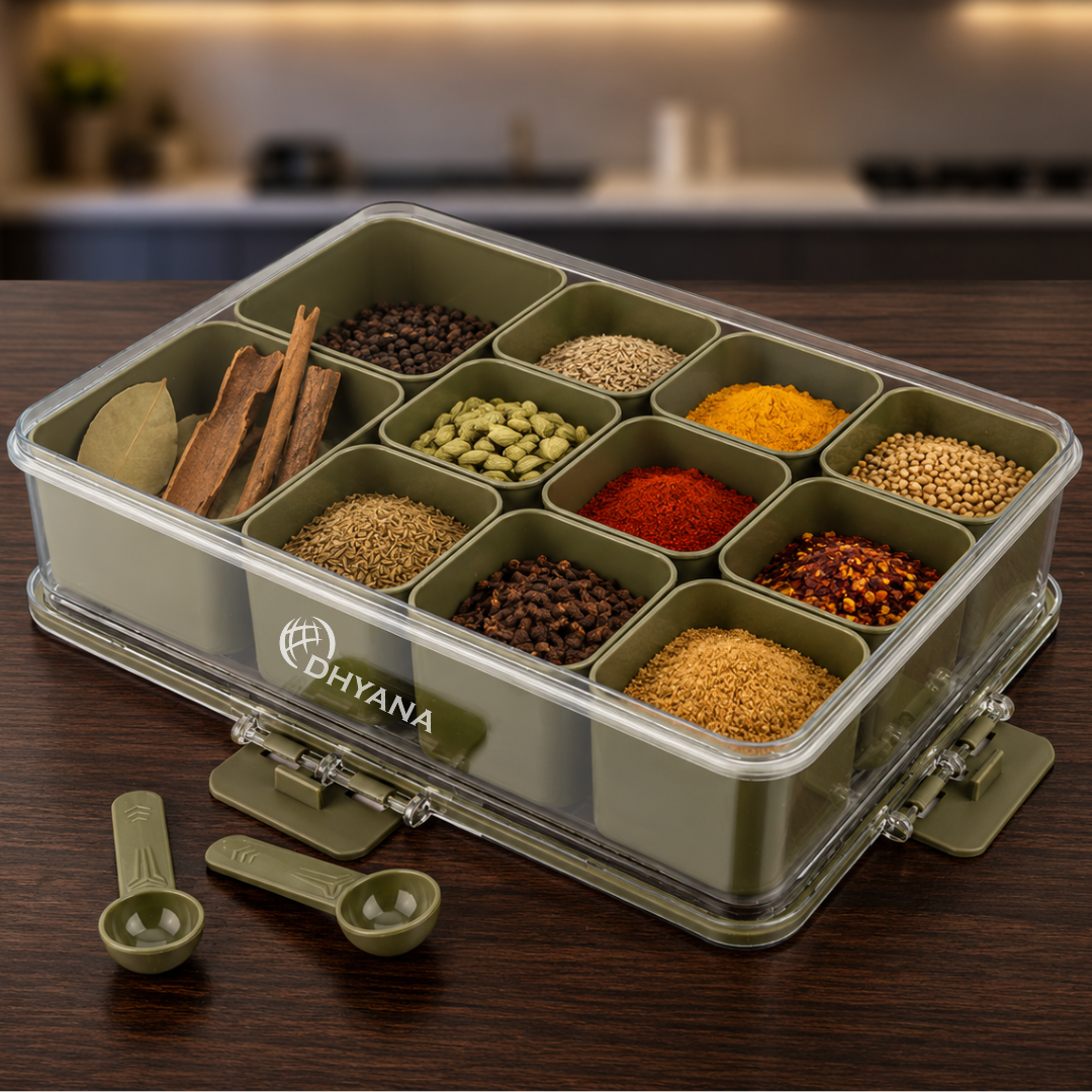 Badshah Premium 11 Compartments Masala Box | BPA Free Kitchen Spice Storage Box with Lock Lid & 2 Measuring Spoons