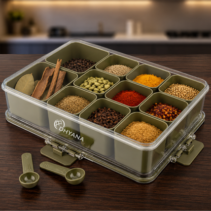 Badshah Premium 11 Compartments Masala Box | BPA Free Kitchen Spice Storage Box with Lock Lid & 2 Measuring Spoons