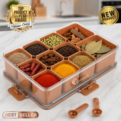 Badshah Premium 11 Compartments Masala Box | BPA Free Kitchen Spice Storage Box with Lock Lid & 2 Measuring Spoons