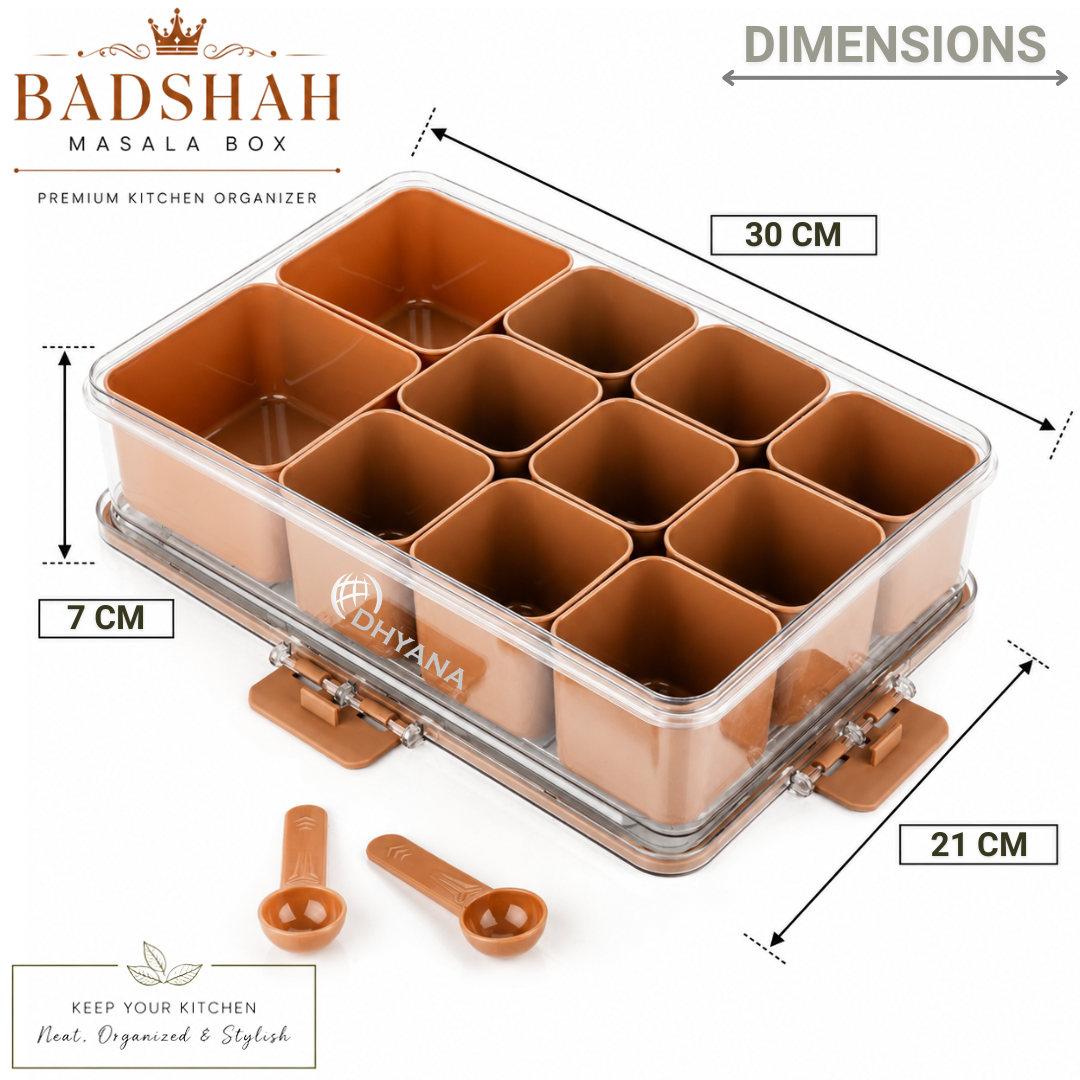 Badshah Premium 11 Compartments Masala Box | BPA Free Kitchen Spice Storage Box with Lock Lid & 2 Measuring Spoons