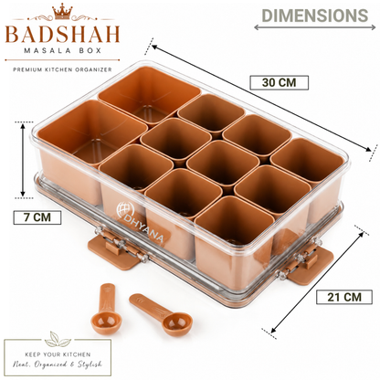 Badshah Premium 11 Compartments Masala Box | BPA Free Kitchen Spice Storage Box with Lock Lid & 2 Measuring Spoons
