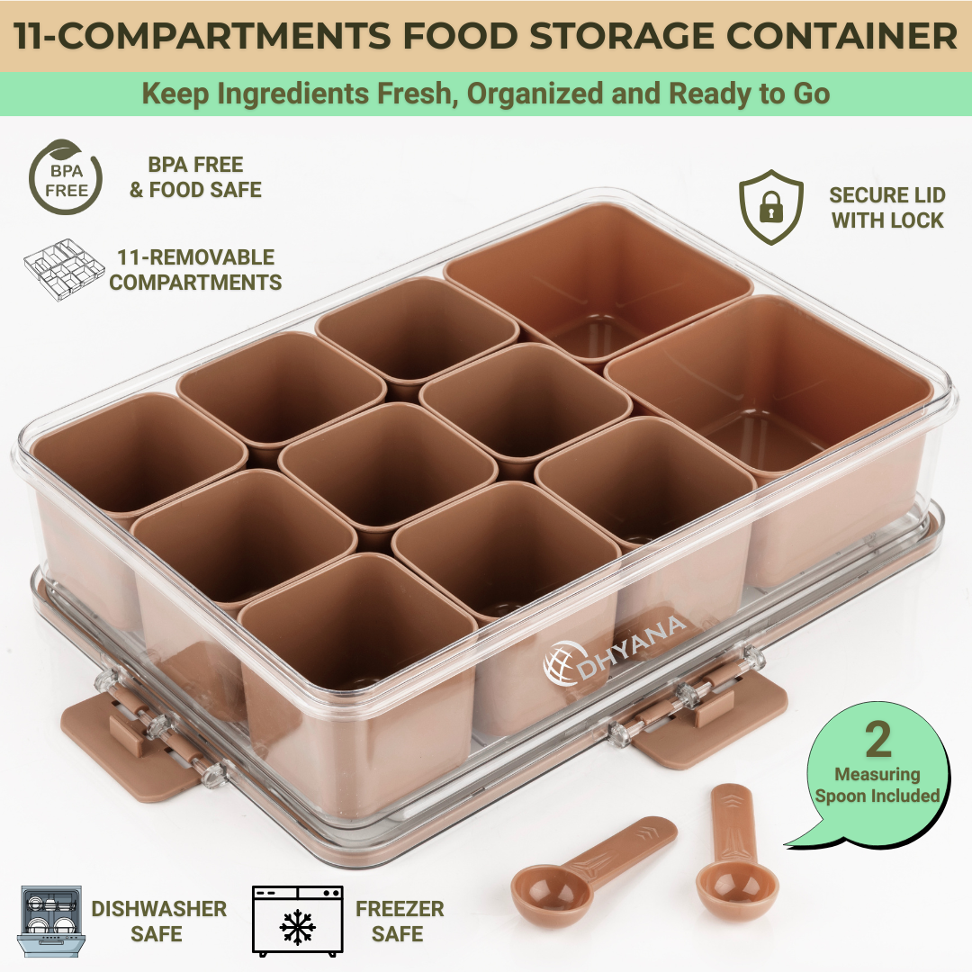 Badshah Premium 11 Compartments Masala Box | BPA Free Kitchen Spice Storage Box with Lock Lid & 2 Measuring Spoons