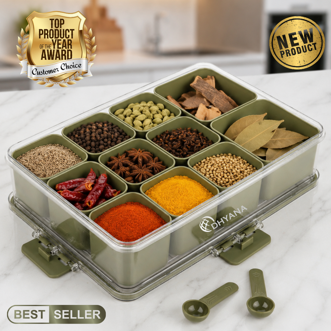 Badshah Premium 11 Compartments Masala Box | BPA Free Kitchen Spice Storage Box with Lock Lid & 2 Measuring Spoons