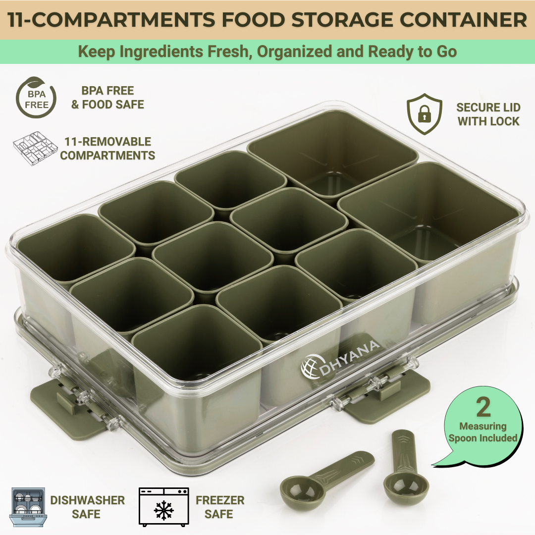 Badshah Premium 11 Compartments Masala Box | BPA Free Kitchen Spice Storage Box with Lock Lid & 2 Measuring Spoons