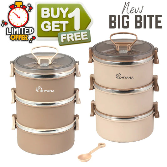 Buy 1 Get 1 Free Big Bite 3 Layer SS Lunch Box | Leakproof Tiffin for Office, Kids & Travel | 300ml each Bowl