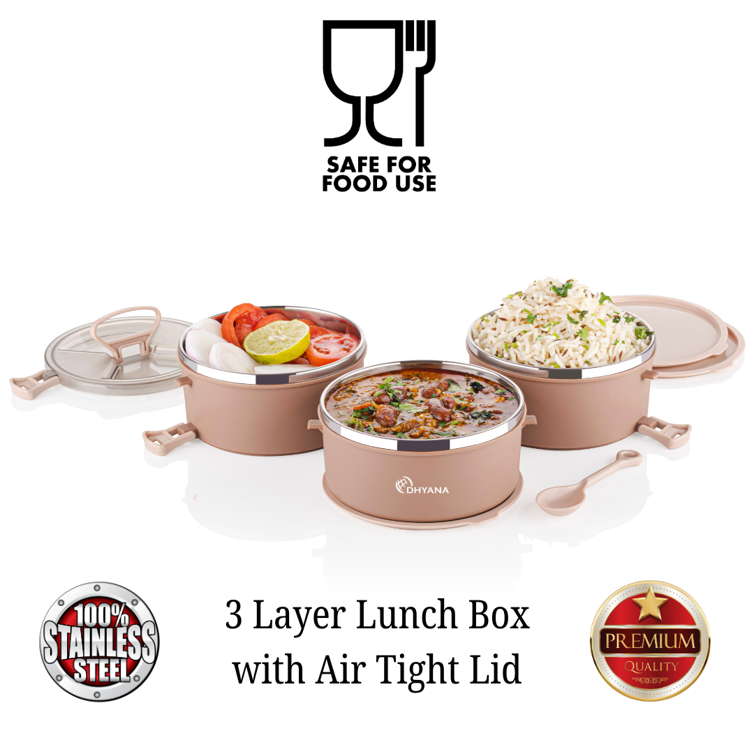 Big Bite 3 Layer SS Lunch Box | 300ml x 3 Airtight Tiffin | Premium Lunch Box for Office, Kids & Travel