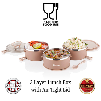 Big Bite 3 Layer SS Lunch Box | 300ml x 3 Airtight Tiffin | Premium Lunch Box for Office, Kids & Travel