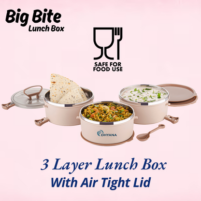 Big Bite 3 Layer SS Lunch Box | 300ml x 3 Airtight Tiffin | Premium Lunch Box for Office, Kids & Travel
