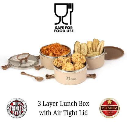 Buy 1 Get 1 Free Big Bite 3 Layer SS Lunch Box | Leakproof Tiffin for Office, Kids & Travel | 300ml each Bowl