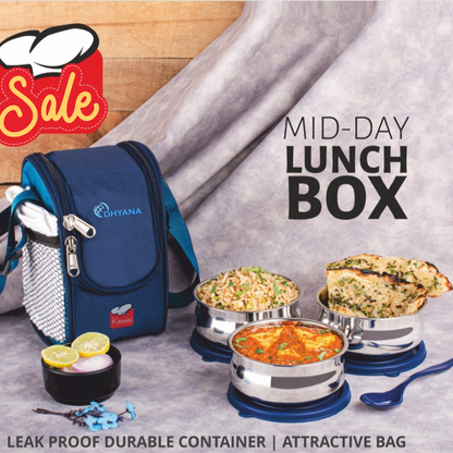 MidDay 3 Layer SS Tiffin with Bag | Leakproof Tiffin for Office, Kids & Travel Lunchbox | 250ml each Bowl