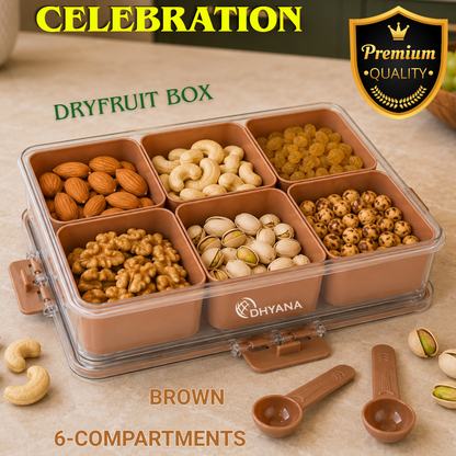 Celebration Premium 6 Compartments Dryfruit Box | Kitchen Spice Storage Box with Lock Lid