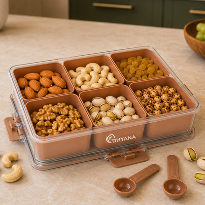Celebration Premium 6 Compartments Dryfruit Box | Kitchen Spice Storage Box with Lock Lid