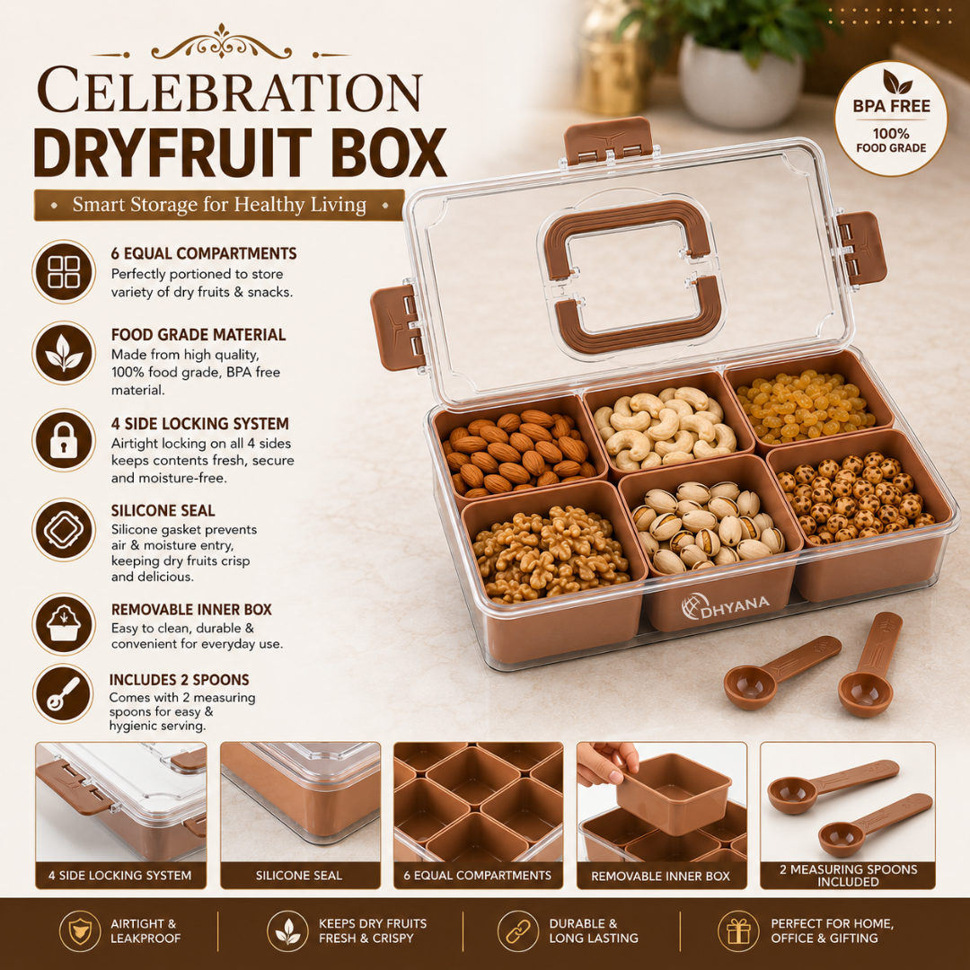 Celebration Premium 6 Compartments Dryfruit Box | Kitchen Spice Storage Box with Lock Lid