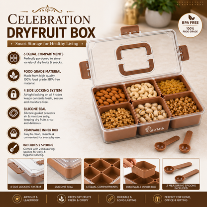 Celebration Premium 6 Compartments Dryfruit Box | Kitchen Spice Storage Box with Lock Lid