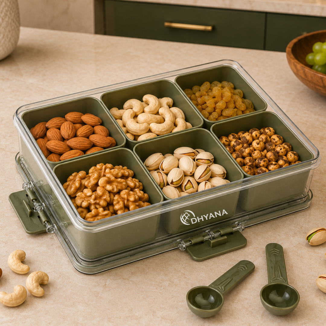 Celebration Premium 6 Compartments Dryfruit Box | Kitchen Spice Storage Box with Lock Lid