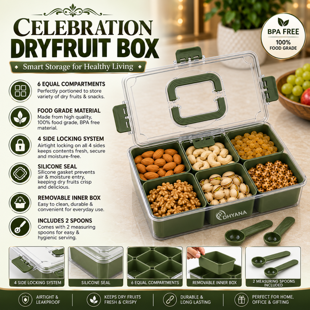 Celebration Premium 6 Compartments Dryfruit Box | Kitchen Spice Storage Box with Lock Lid