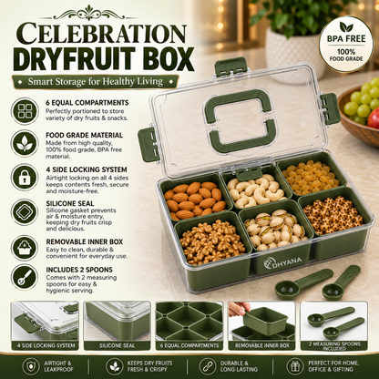 Celebration Premium 6 Compartments Dryfruit Box | Kitchen Spice Storage Box with Lock Lid