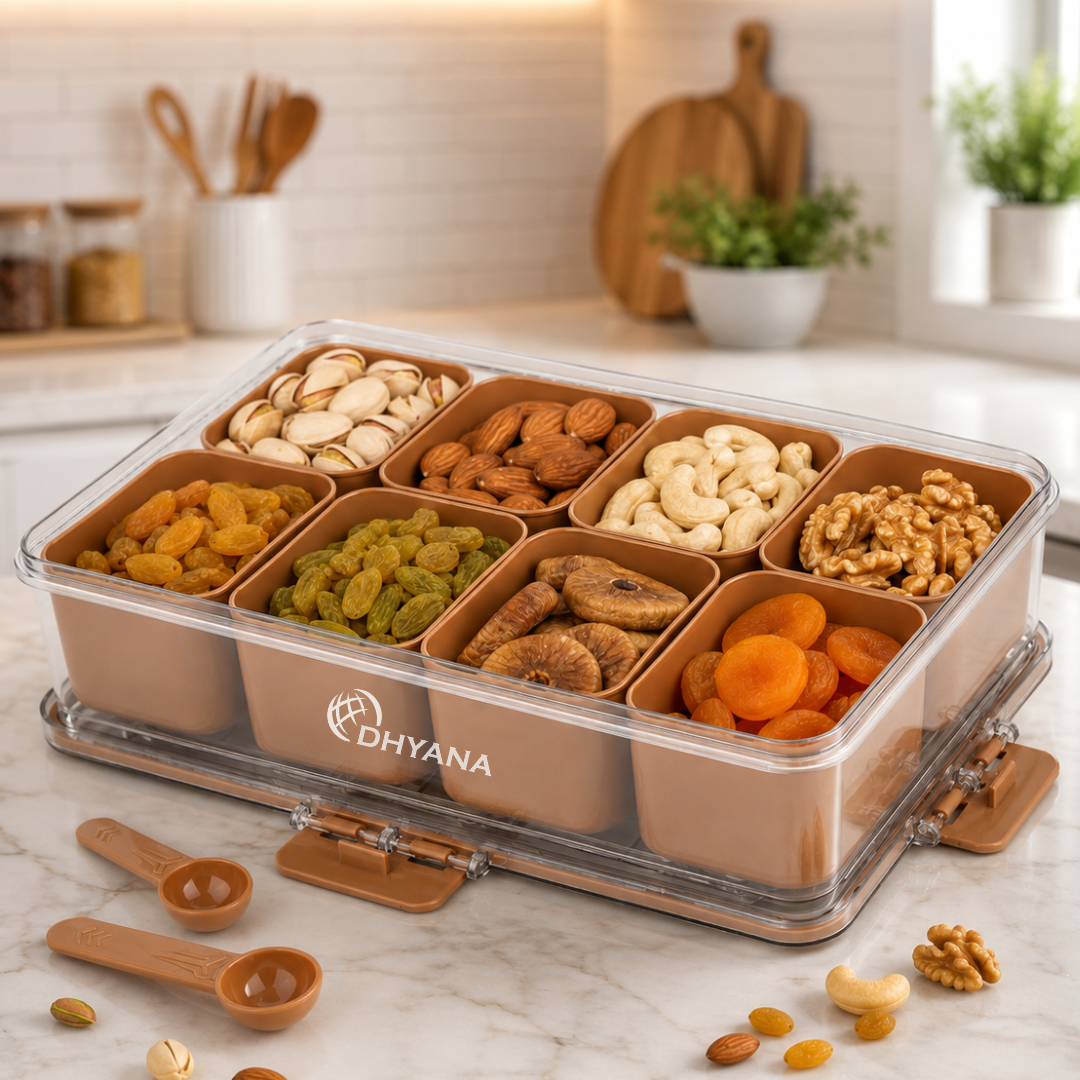 Munch Premium 8 Compartments Dryfruit Box | Kitchen Spice Storage Box with Lock Lid