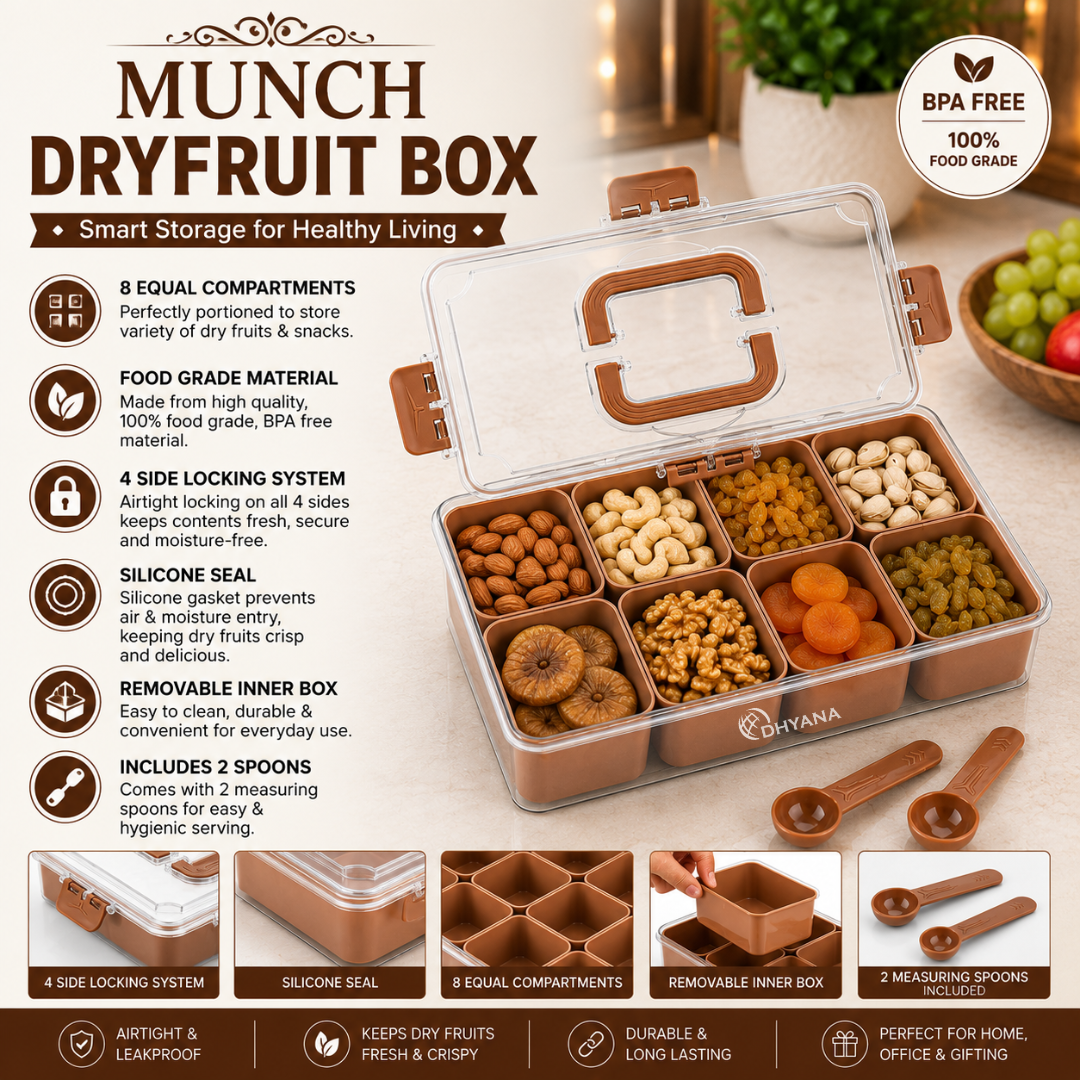 Munch Premium 8 Compartments Dryfruit Box | Kitchen Spice Storage Box with Lock Lid