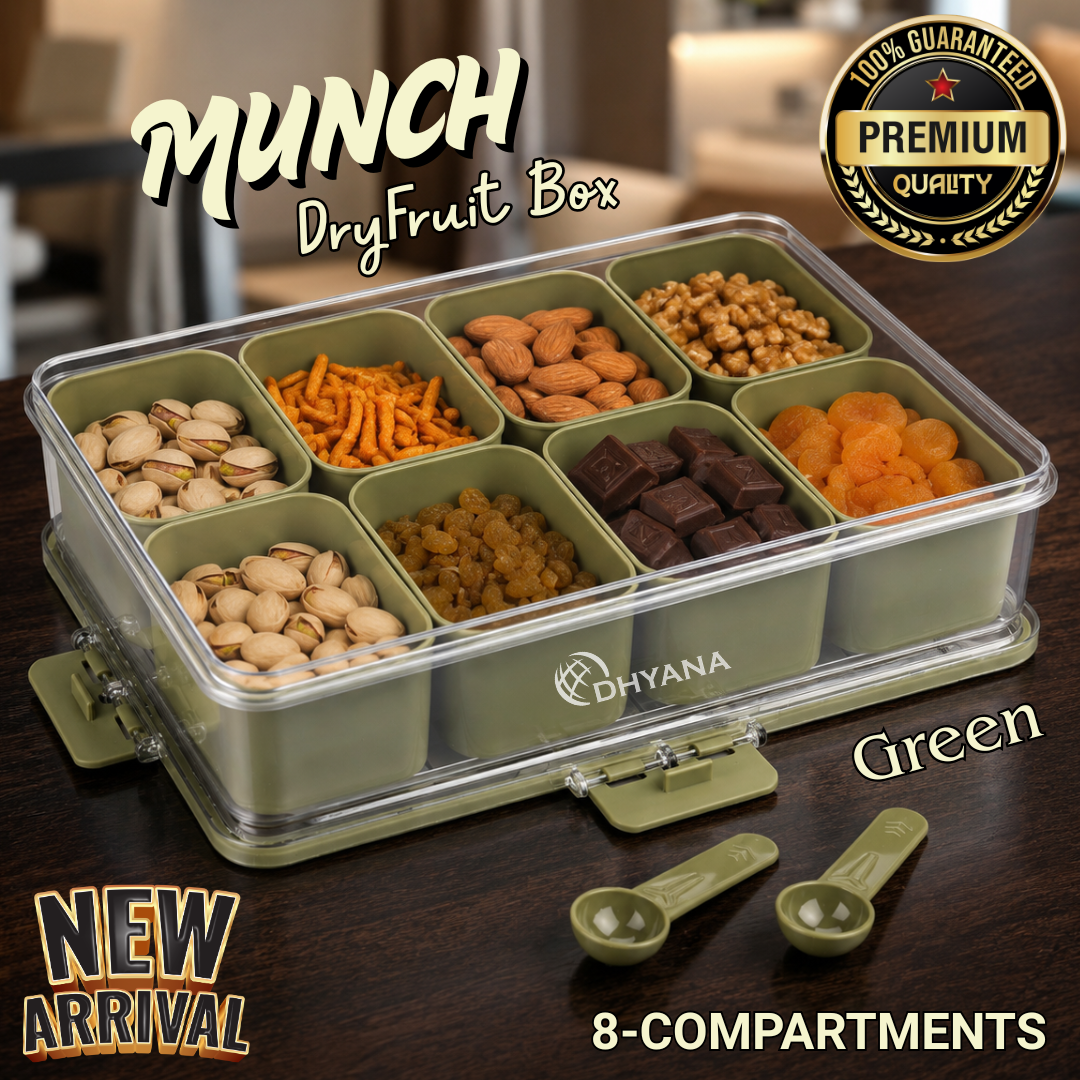 Munch Premium 8 Compartments Dryfruit Box | Kitchen Spice Storage Box with Lock Lid