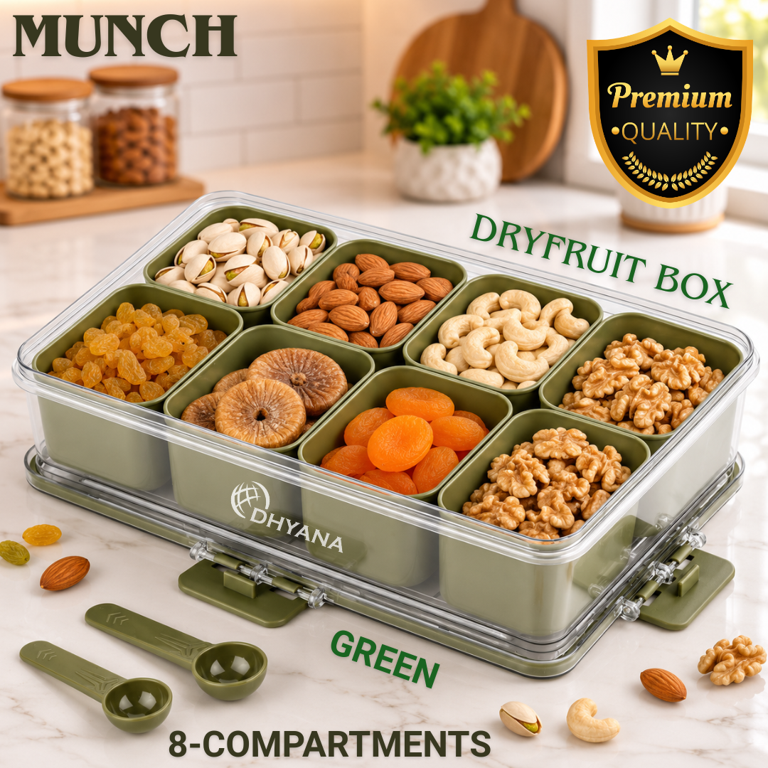 Munch Premium 8 Compartments Dryfruit Box | Kitchen Spice Storage Box with Lock Lid