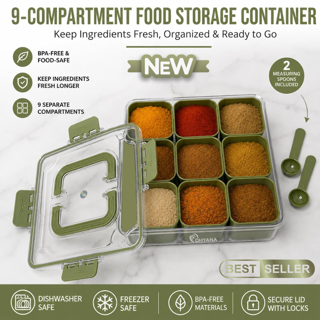 Zaika 9 Compartments Masala Box | Airtight BPA Free Kitchen Spice Storage Container | Multipurpose Food Storage Box