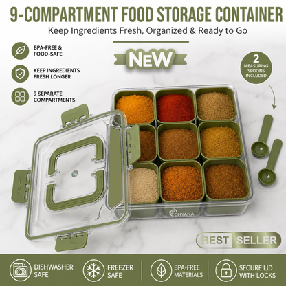 Zaika 9 Compartments Masala Box | Airtight BPA Free Kitchen Spice Storage Container | Multipurpose Food Storage Box