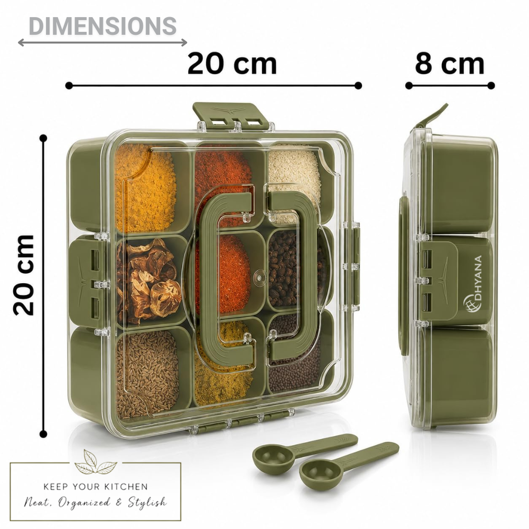 Zaika 9 Compartments Masala Box | Airtight BPA Free Kitchen Spice Storage Container | Multipurpose Food Storage Box