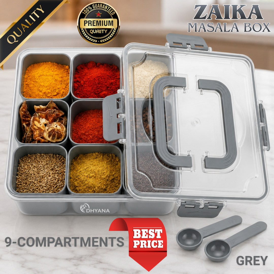 Zaika 9 Compartments Masala Box | Airtight BPA Free Kitchen Spice Storage Container | Multipurpose Food Storage Box