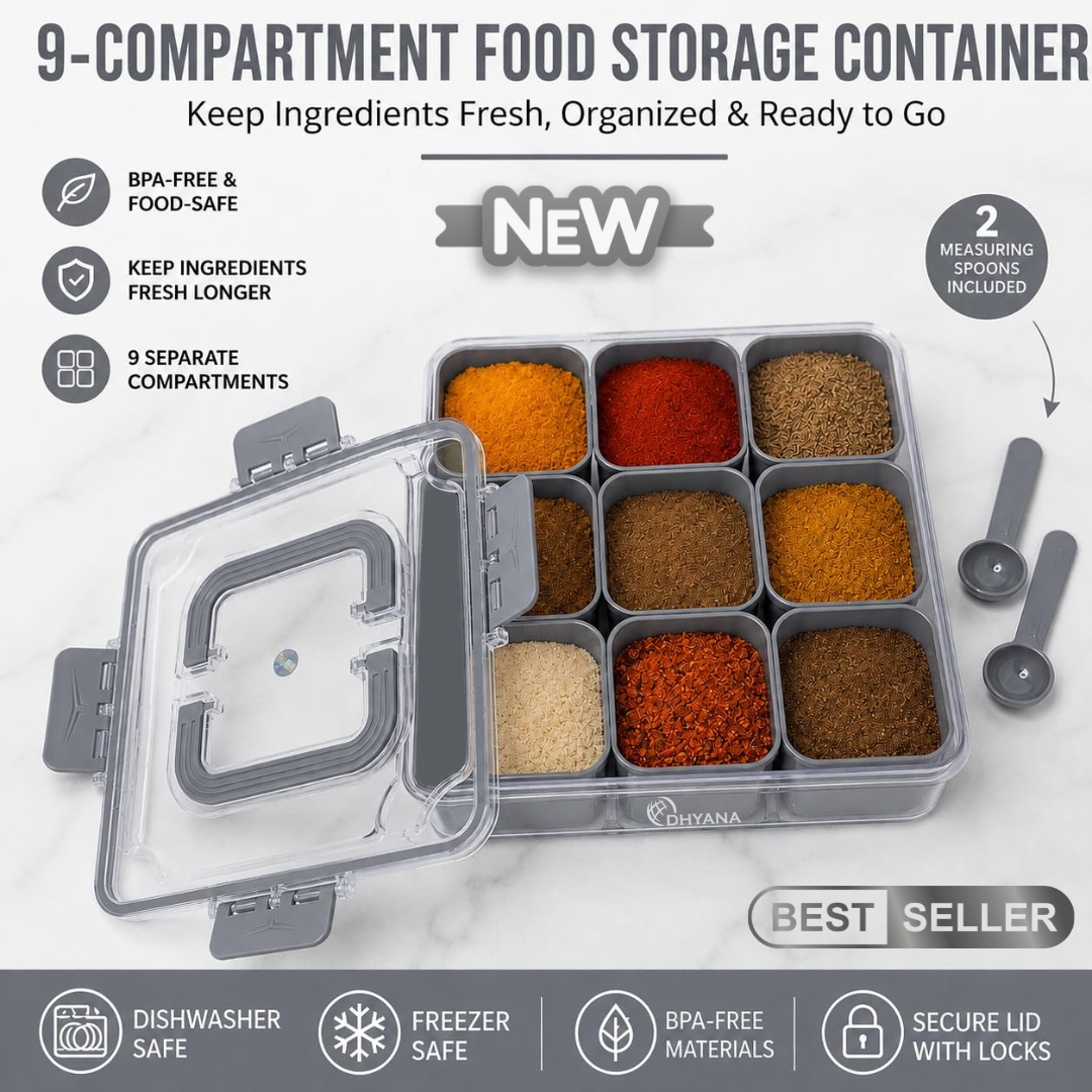 Zaika 9 Compartments Masala Box | Airtight BPA Free Kitchen Spice Storage Container | Multipurpose Food Storage Box