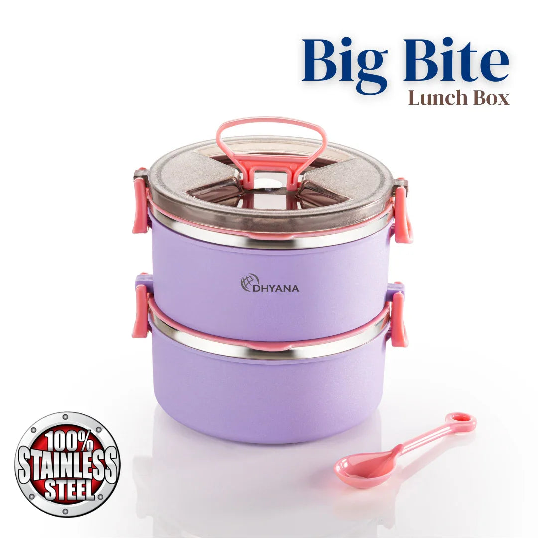 Big BIte 2 Layer SS Lunch Box | 300ml x 2 Airtight Tiffin | Premium Double Decker Office & Kids Lunchbox