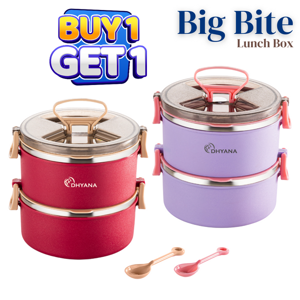 Buy 1 Get 1 Free Big Bite 2 Layer SS Lunch Box | Leakproof Tiffin for Office, Kids & Travel | 300ml each Bowl