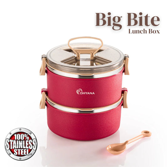 Big BIte 2 Layer SS Lunch Box | 300ml x 2 Airtight Tiffin | Premium Double Decker Office & Kids Lunchbox