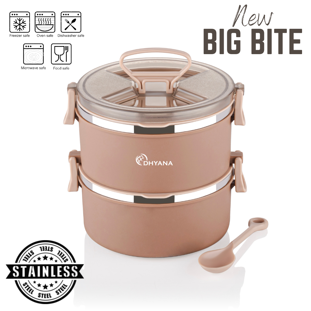 Big BIte 2 Layer SS Lunch Box | 300ml x 2 Airtight Tiffin | Premium Double Decker Office & Kids Lunchbox