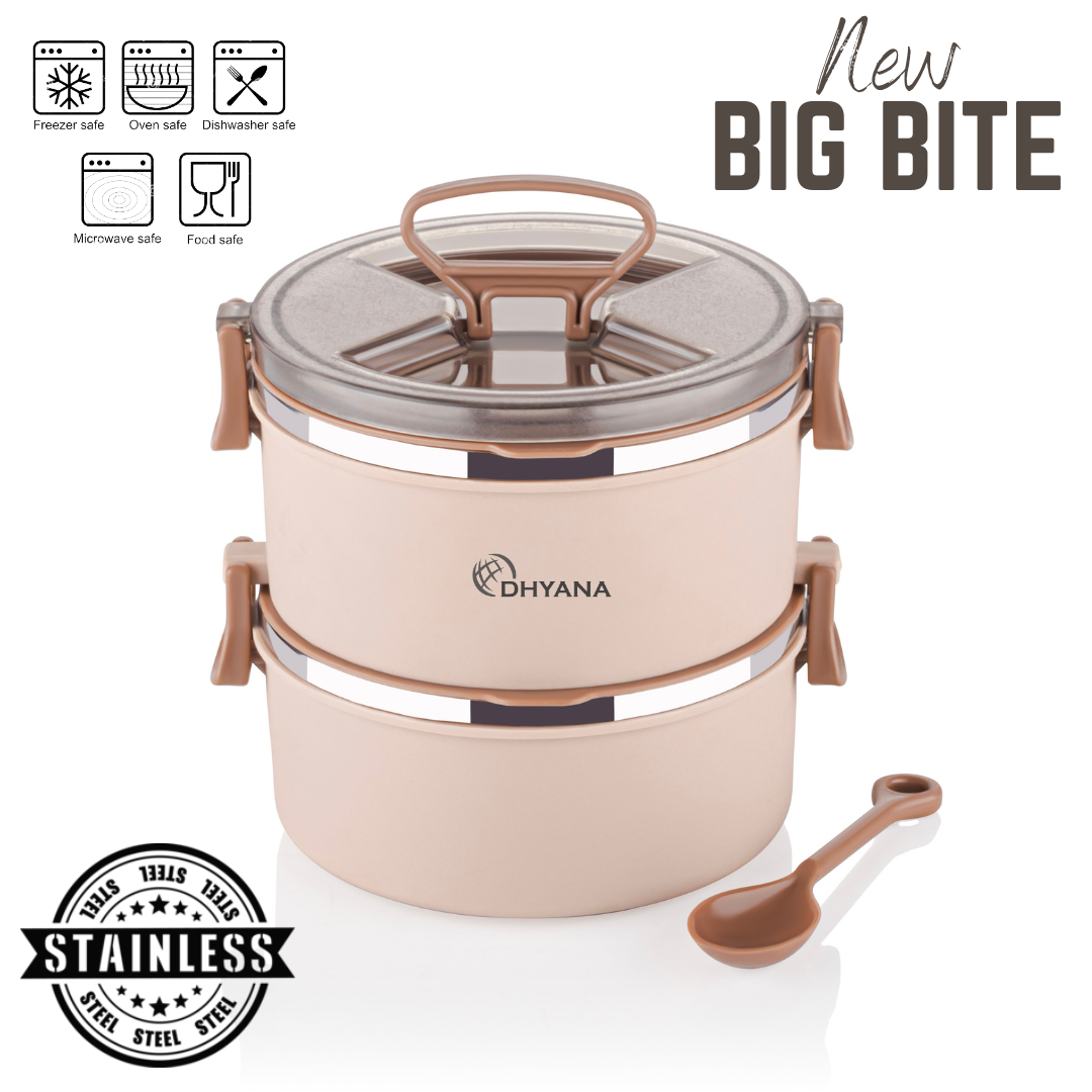 Big BIte 2 Layer SS Lunch Box | 300ml x 2 Airtight Tiffin | Premium Double Decker Office & Kids Lunchbox