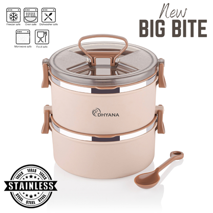 Big BIte 2 Layer SS Lunch Box | 300ml x 2 Airtight Tiffin | Premium Double Decker Office & Kids Lunchbox