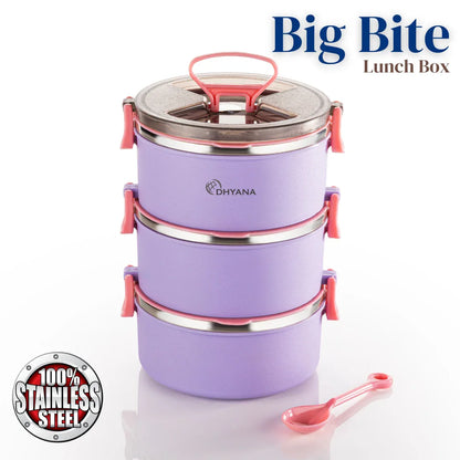 Big Bite 3 Layer SS Lunch Box | 300ml x 3 Airtight Tiffin | Premium Lunch Box for Office, Kids & Travel