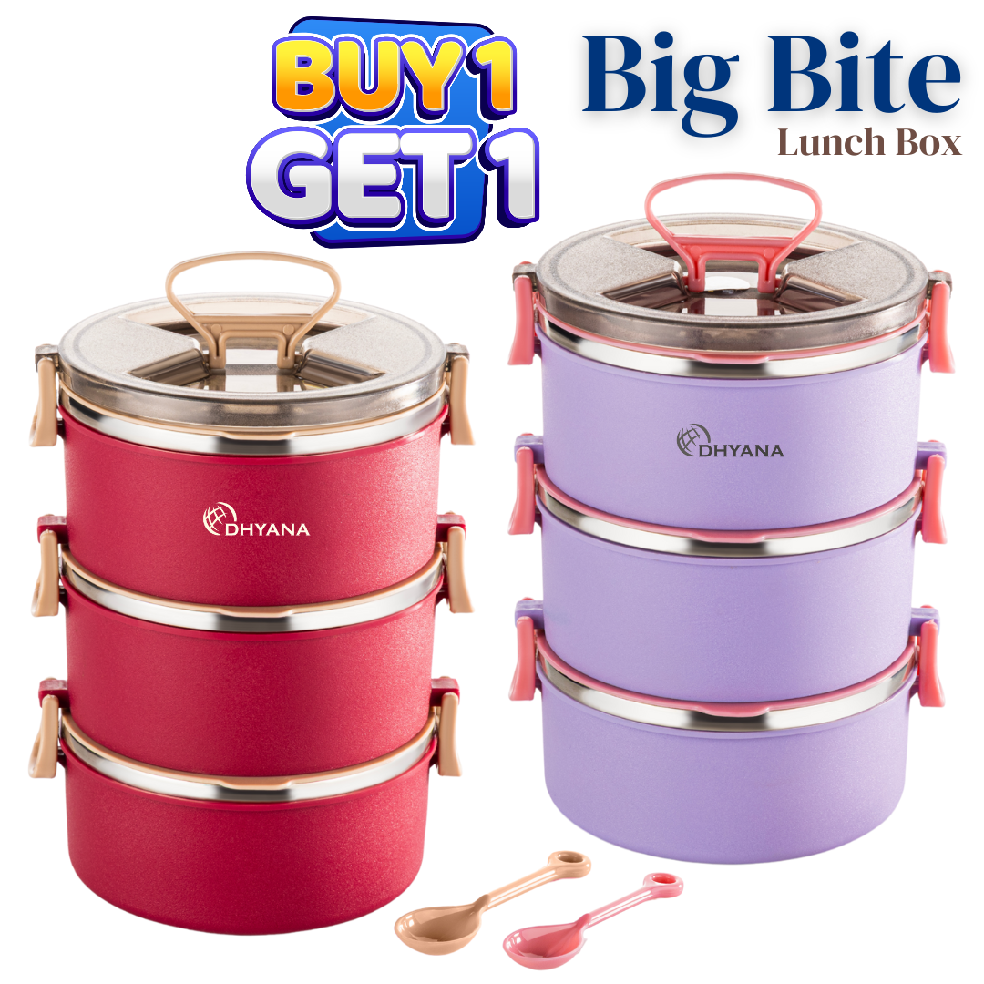 Buy 1 Get 1 Free Big Bite 3 Layer SS Lunch Box | Leakproof Tiffin for Office, Kids & Travel | 300ml each Bowl