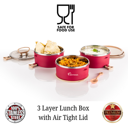 Buy 1 Get 1 Free Big Bite 3 Layer SS Lunch Box | Leakproof Tiffin for Office, Kids & Travel | 300ml each Bowl