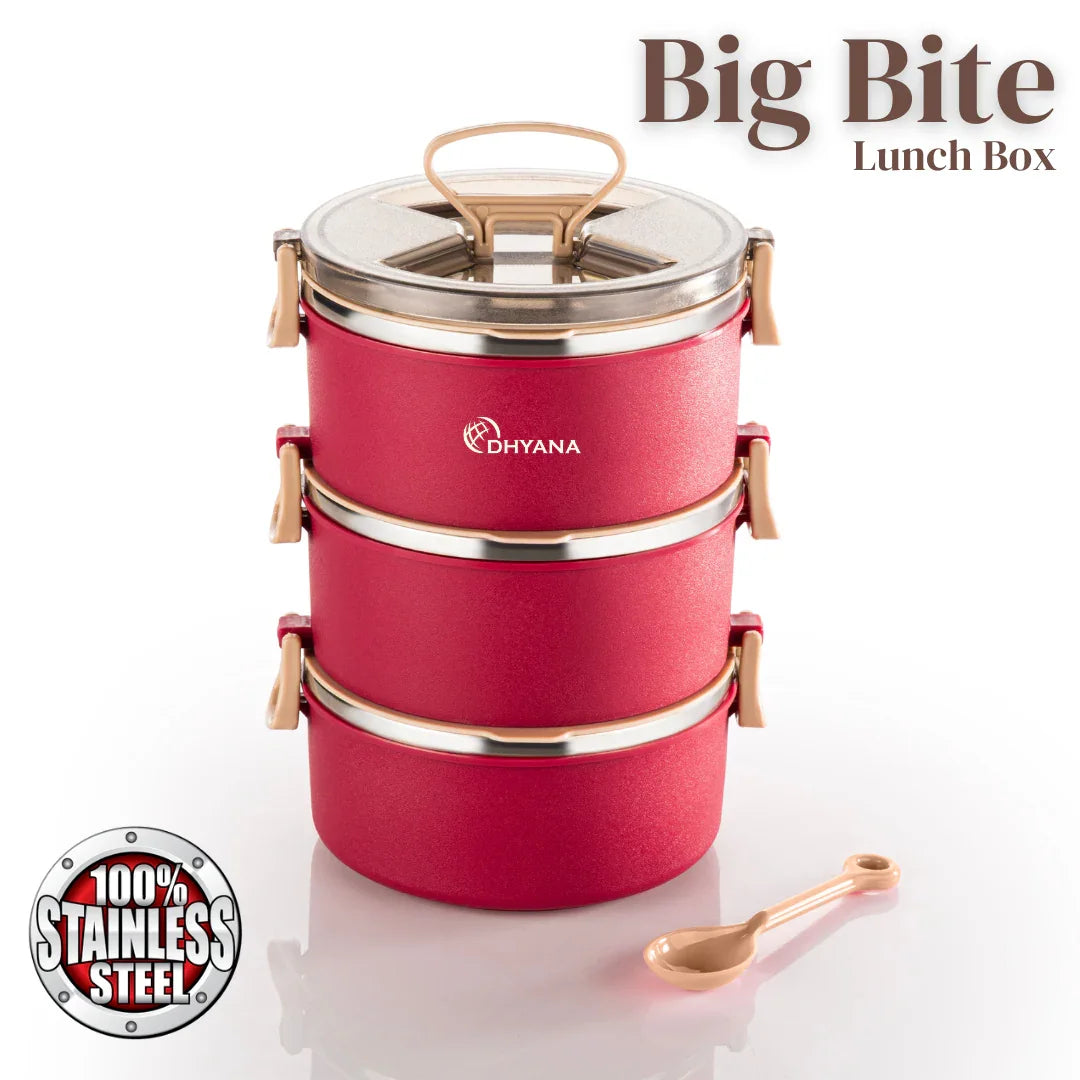Big Bite 3 Layer SS Lunch Box | 300ml x 3 Airtight Tiffin | Premium Lunch Box for Office, Kids & Travel