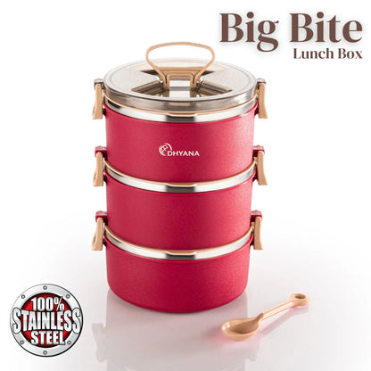 Big Bite 3 Layer SS Lunch Box | 300ml x 3 Airtight Tiffin | Premium Lunch Box for Office, Kids & Travel