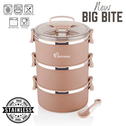 Big Bite 3 Layer SS Lunch Box | 300ml x 3 Airtight Tiffin | Premium Lunch Box for Office, Kids & Travel
