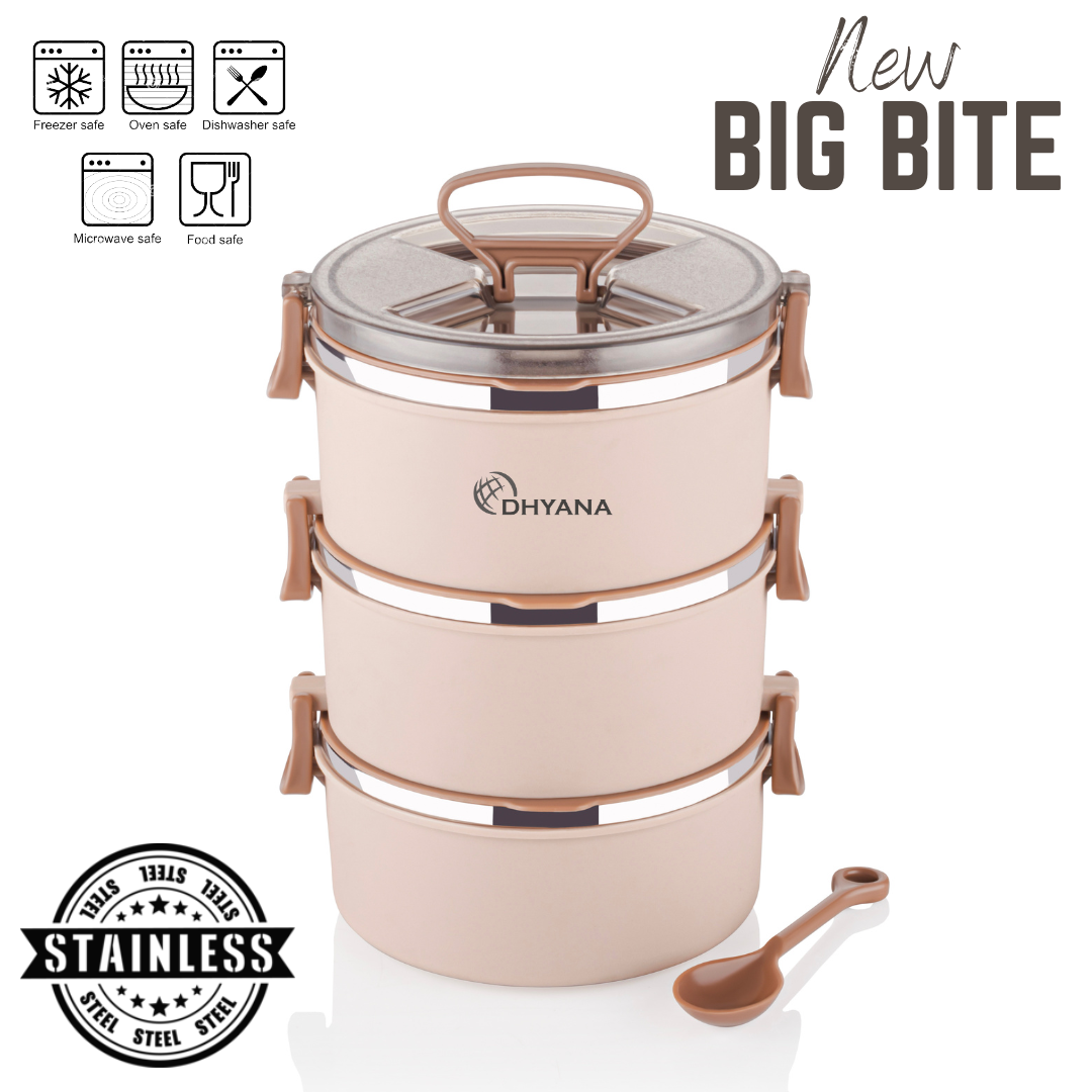Big Bite 3 Layer SS Lunch Box | 300ml x 3 Airtight Tiffin | Premium Lunch Box for Office, Kids & Travel