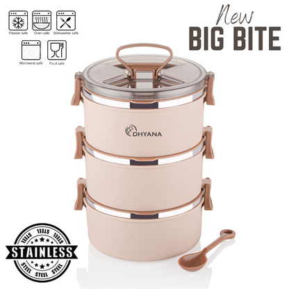 Big Bite 3 Layer SS Lunch Box | 300ml x 3 Airtight Tiffin | Premium Lunch Box for Office, Kids & Travel