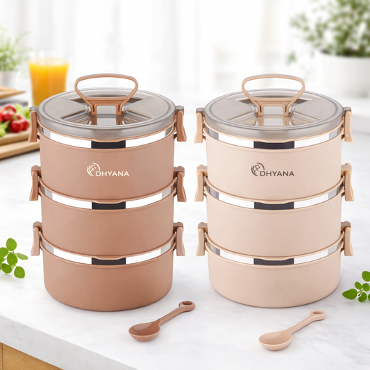Buy 1 Get 1 Free Big Bite 3 Layer SS Lunch Box | Leakproof Tiffin for Office, Kids & Travel | 300ml each Bowl